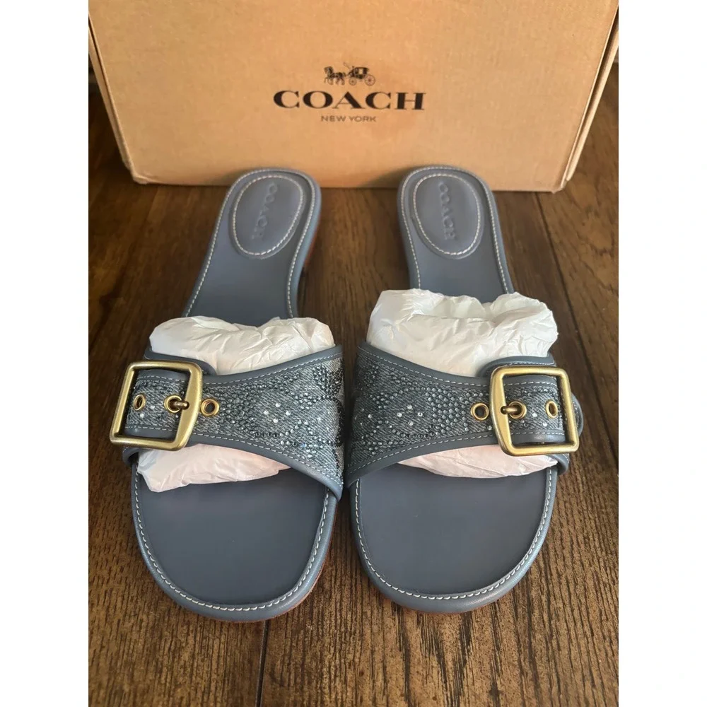 Coach Margit Crystal Denim Flat Sandals Blue Buckle Slides CFA99 Womens 11 B